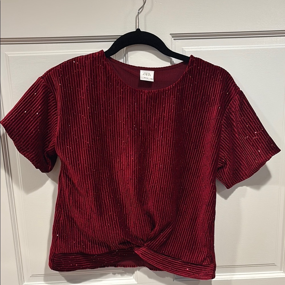 Zara Red Ribbed Tie Front Tee